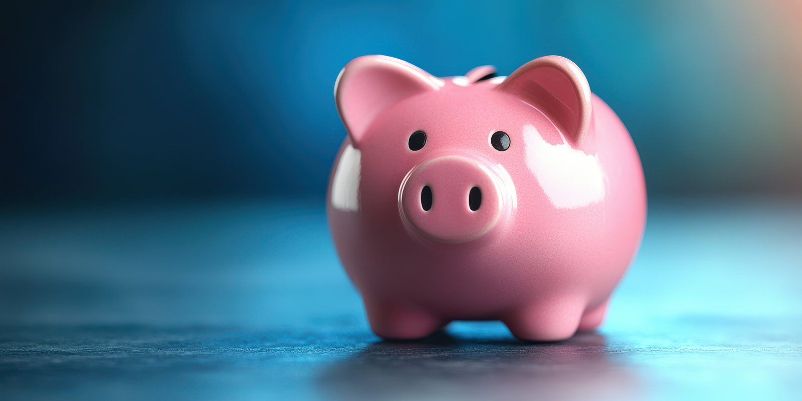 Cute pink piggy bank sitting on a smooth surface with a blue gradient background creating a calming atmosphere